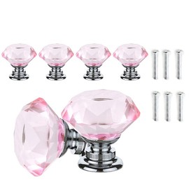 Pink Crystal Drawer Knobs - 6 PCS 30MM Glass Drawer Handles Crystal Cupboard Knobs Diamond Pulls with Screws for Kitchen Office Chest Cabinet Drawer