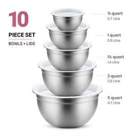 FineDine Stainless Steel Mixing Bowls Set with Lids, Home Kitchen Cooking Essentials Household Must Haves for Baking, 5 Pieces