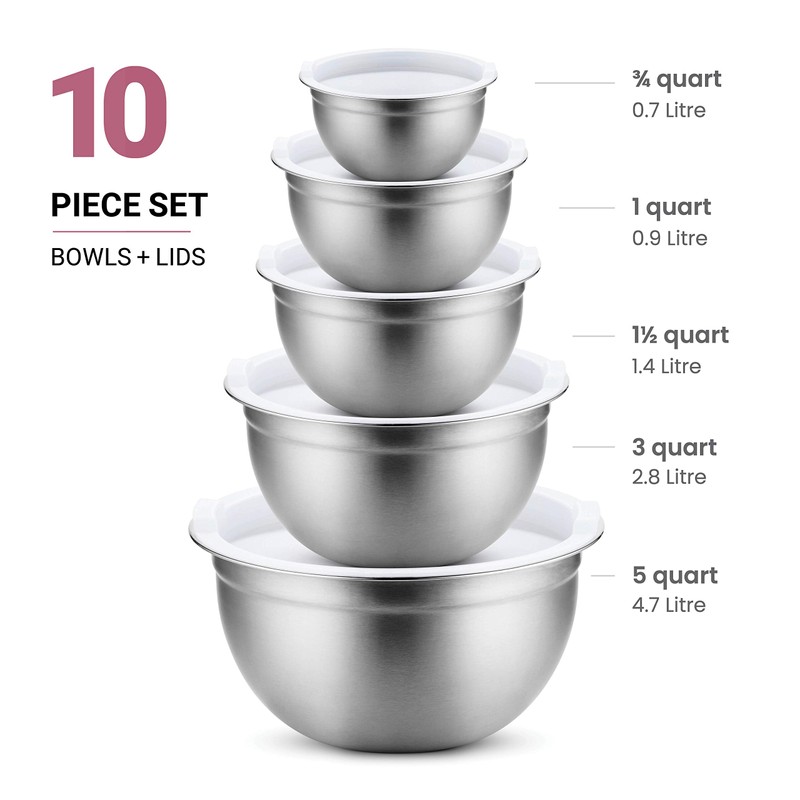 FineDine Stainless Steel Mixing Bowls Set with Lids, Home Kitchen