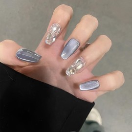 ZYOWAIT CDJ40-Nail Tips, Blue, Cute, Light Blue, Fake Nails, Set of 24, Medium, Blue Type, Fake Nails, Short, Korea, Autumn, Winter, Spring and Summer, Simple, Finger, Blue, Popular, Glossy, Cute