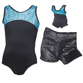 Delicate Illusions Girls Sleeveless Leotard with Soft Shorts for Gymnastics and Matching 18 Inch Doll Leotard L (8-9 yrs) Black/Turquoise