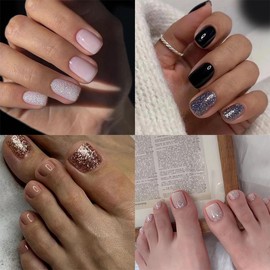 96 Pcs Short Press on Nails and Toenails Glossy Glitter Designs Fake Nails Square Full Cover Acrylic Nails Nude Solid Color Glue on Nails 12 Sizes-4 Styles Artificial False Nails DIY for Women