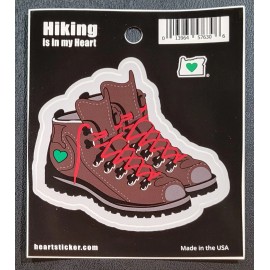 Vinyl Sticker - Hiking Boots - Red Shoelaces - Green Heart - 3.25 x 3.5 Inches