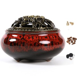 LAMDAWN Ceramic Incense Burner with Incense Stick Holder + Insulation use for Stick or Coil Incense, Sage Cones and Frankincense (Fambe Red)