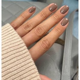 Uñas postizas de gel cortas, de color topo, con pegamento, de forma cuadrada, de color sólido, cortas, naturales, reutilizables, juego de 24 unidades