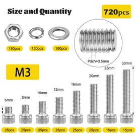 Fgruh 720pcs M3 Screws Assortment kit, Hex Socket Head Cap Bolts, Nuts & Washers Assorted Set M3x6/8/10/12/16/20/25/30 mm, 304 Stainless Steel Hardware Kit for DIY, 3D Printer, Automotive