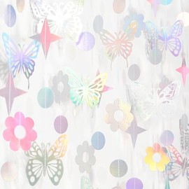 Guirnalda iridiscente de mariposa para niña, decoración de fiesta de cumpleaños, serpentinas – Decoración holográfica de 52 pies para baby shower, des