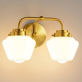 RUIYEY Bathroom Vanity Light Fixtures: 2-Lights Gold Bathroom Lighting Fixtures Over Mirror, Mid-Century Modern Wall Sconces with Frosted Milky Glass for Kitchen Bedroom Hallway