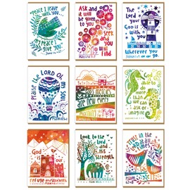Christian greeting cards with Scripture, 9 cards and envelopes in this pack of thinking of you cards religious, blank inside, hand drawn by British artist Jacqui Grace (Multicolored / CH4000)