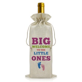 Baby Announcement Gift Welcome Baby Wine Bag New Baby Birth Gift for Mum Dad First Time Dad Mum Gifts Drawstring Wine Wrapping Bag Baby Shower Party Decors New Parents Gifts Burlap Wine Gift Bag