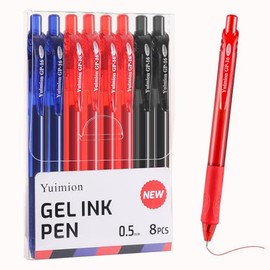 Yuimion Gel Pens, 8 Pack Retractable Gel Ink Rollerball Pens Fine Point (0.5mm) for Smooth Writing, Black Red Blue Ink, for Women Men Journaling, School and Office Supplies