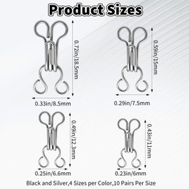 80 Pairs Sewing Hooks and Eyes Closure Bra Hooks Replacement 11/12/14/17mm Black Silver Alloy Sew on Snaps Bra Replacement for Bras Clothing Trousers Skirts Sewing DIY Craft