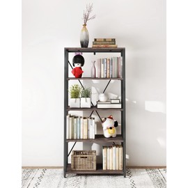 5-Tier Folding Industrial Rustic Wood Tall Bookshelf - Shelves For Bedroom, Office, Kitchen, Living Room, Study Room - No Assembly Required