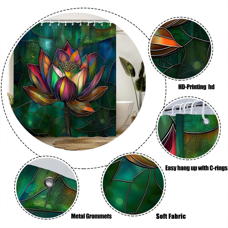 Vintage Stained Glass Shower Curtain for Bathroom,70x70 Inch,with Hooks
