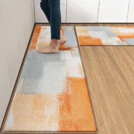 Arttown Orange Beige Vintage Anti-Fatigue Kitchen Rug Set of 2 Orange Grey Abstract Cushioned Kitchen Floor Mat,Standing Mat Waterproof Non-Slip Kitchen Mat PVC Ergonomic Comfort Foam Rug