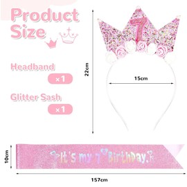 ZALAOR 7th Birthday Girl Headband and Sash Set – Glitter Crown Tiara Headband with “It's My 7th Birthday” Sash – Princess Flower Crown Birthdays Outfit Accessories for Girls Party Decorations