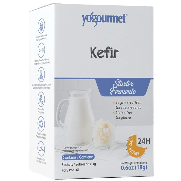 Yogourmet Kefir Starter (6 Pack) - Make Kefir at Home - Starter Culture - All Natural, Gluten Free, Kosher, Halal - 3 g Sachets