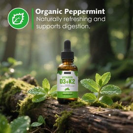 VANWOOKY Vegan Vitamin D3 + K2 (MK-7) Liquid Drops with MCT Oil - Plant-Based D3 from Lichen & MenaQ7 K2, Peppermint Flavor, Supports Bone & Cardiovascular Health for Enhanced Absorption, 1 Fl Oz