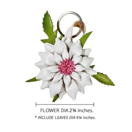 Jomo Joy Flower Keyring Keychain 2¾" Long White Dahlia Green Leaf - Hand Made Leather Key Organizer Colorful Decorative Collectible Handbag Purse Tassels Charms Bag Accessories Handcraft Décor Gifts