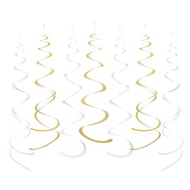 Gold and White Foil Swirl Hanging Decoration Streamer for Birthday Graduation New Year Wedding Party Supplies, Pack of 20