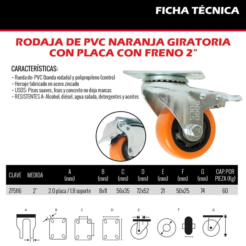 Dogotuls ZF5116 Rodaja PVC Giratoria y Freno, color Naranja, 2"
