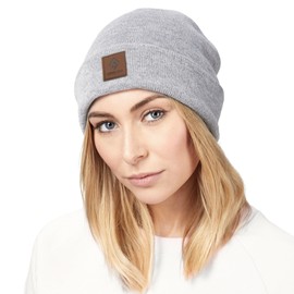 Urban Ace Street Classics Beanie Hat with Leather Patch for Women and Men, All Seasons, Soft Fabric, gray,