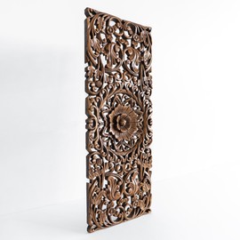 Hand Carved Wall Art Hanging, Reclaimed Teak Handcrafted Wood Carving in Dark Brown Stain, Mandala Mounted Home Decor, 36x14 inches