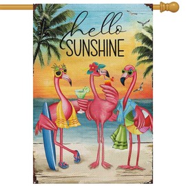 Heyfibro Flamingo Hello Sunshine Hawaii Tropical Beach Holiday Garden Flags 28x40 Double Sided Burlap Welcome Summer Tropical Ocean Sea Yard Flag for Seasonal Outdoor Party Decoration(ONLY FLAG)