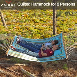 CHULIM 12 FT Double Quilted Fabric Hammock with Spreader Bars and Pillow 450 LBS Weight Capacity 2 Person Hammock for Outdoor Patio Backyard Poolside Blue Stripes