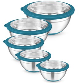 TeamFar Mixing Bowls, 5PCS Stainless Steel Serving Salad Bowls with Lids, For Kitchen Mixing/Baking/Storing/Prepping, Visible & Airtight, Non-Slip Bottom - 4.6/3.5/1.5/1 / 0.7 QT, Dark Blue