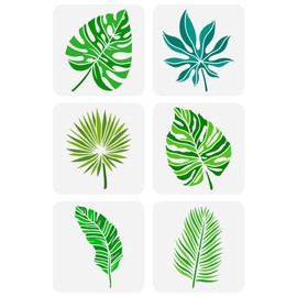 FINGERINSPIRE 6 Pcs Tropical Leaves Painting Stencil 7.9x7.9" Monstera Ceriman Rubber Grass Palm Leaf Spraying Stencil Plants Themes Spraying Stencil Reusable Leaves Pattern Wall Hollow Out Stencil