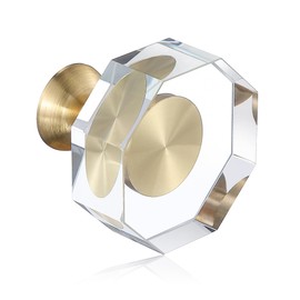 Guank 2-Pack 1-1/4-Inch White Cabinet Glass Crystal knobs Brass Drawer Polygonal Dresser Pulls, Gold Hardware Kitchen Closet knobs for Bifold Doors