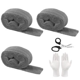 Steel Wool 0000, 3 Rolls Steel Wool Against Mice, 10.5 m Stainless Steel Wool Fine with Work Gloves and Scissors for Holes and Wall Cracks of Home, Garage, Garden and for Cleaning and Polishing