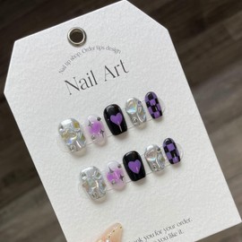 Handmade Nail Tips Medium Long Ballerina False Nails Millennial Style Purple Popular Fashionable 3D Rhinestone Cute Design False Nail 10 Pieces (927-Y2K Purple, S)