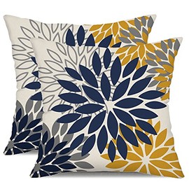 Blue Yellow Flower Pillow Covers 16x16 Inch Set of 2 Outdoor Throw Pillows Outdoor Waterproof Decor for Living Room Sofa Patio Funiture Garden Floral Linen Cushion Case 02Z