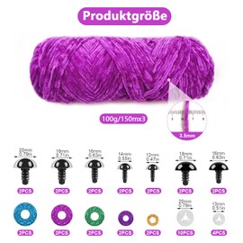 Mngevcy 3 x 150 m Chenille Wool for Crochet, Fluffy Wool, Soft Chenille Yarn with Safety Eyes for Knitting (Bright Purple)