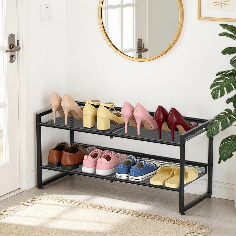 Expandable Shoe Rack, 2 Tier Adjustable Shoe Organizer with Flat