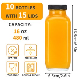 CUCUMI 10pcs 16oz Glass Juice Bottles with Lids, Reusable Juice Containers Drinking Jars Water Cups with Brush, Glass Straws, Lids with Hole