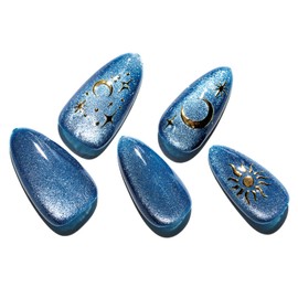 Blue Press On Nails Medium Almond Cat Eye False Nails with 3D Sculpting Metallic Design,Handmade Gel Glue On Nails-24Pcs fake Nails Kit，Moonstone Magic