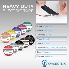 OHLECTRIC Professional Grade Vinyl Electrical Tape - 7Mm Thick - Flame-Retardant - Heat & Weather Resistant - 3/4" x60' - Rated Up to 600V - Multicolor - Pack of 10