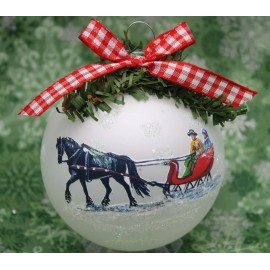 H254 Hand-made Christmas Ornament - horse & sleigh - black fresian red sleigh