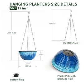 LESOASIS 12 inch Large Hanging Planters for Indoor Outdoor Plants, Set of 2 Glazed Hanging Flower Pots with Drainage Hole, Hanging Baskets for Garden Home Porch Decor
