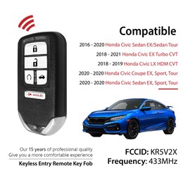2 Keylessbest Replacement for 2018 2019 2020 2021 Honda Civic Sedan EX Turbo LX HDM CVT Key Fob Remote Control KR5V2X 5 Buttons 433MHz
