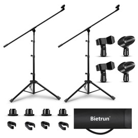 Microphone Stand 2 Pack, Bietrun Tripod Mic Stand Adjustable Boom Height, with Carry Bag & Mic Clips, Detachable Boom Mic Stand for Singing Performance Wedding Stage Church
