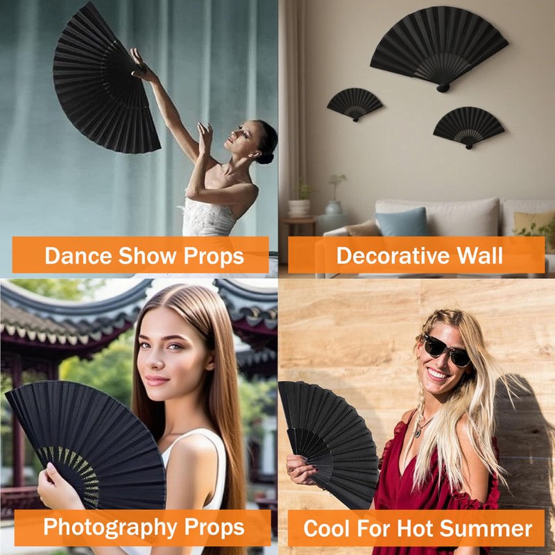 HuaCommerce 2 Pcs Vintage Black Folding Hand Fan Set -
