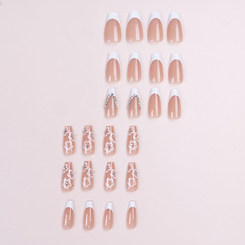 Caiguoer 24 Pieces Square False Nails, Long False Nails, French