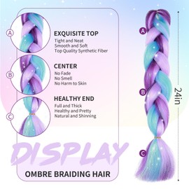 FANCEE Jumbo Braiding Hair Extensions with Tinsels Crochet Twist Braids Extensions for Women And Girls 24 Inch 3 Tones Pink Purple Blue Soft Pre-Stretched Kanekalon Braiding Hair for Kids