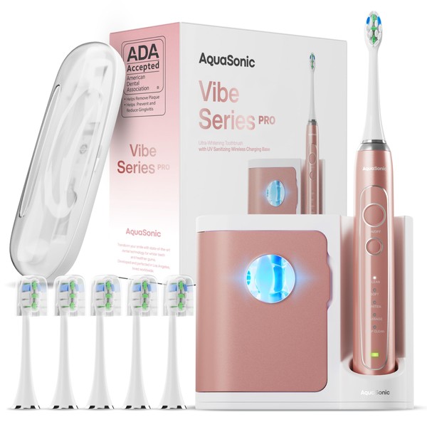 Aquasonic Vibe Series PRO – Ultra-Whitening Power Toothbrush – 5 Modes & Smart Timers – UV Sanitizing Base – ADA Accepted (Satin Rose Gold)