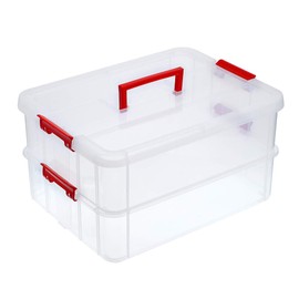 BTSKY 2 Layer Stack & Carry Box, Plastic Multipurpose Portable Storage Container Box Handled Organizer Storage Box (Red)