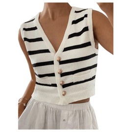 GORGLITTER Women's Striped Button Up Cropped Sweater Vest Sleeveless V Neck Boho Knitted Tank Tops Black and White Small